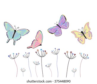 Colorful butterflies abstract spring flowers vector background