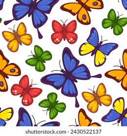 Colorful butterflies with antennas and bright wings. Collection or composition or insects, biodiversity and variety of species. Seamless pattern, wallpaper background print. Vector in flat style