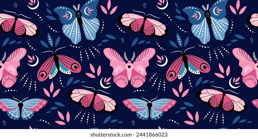 Colorful butterflies of different shapes on dark blue background. Vector seamless pattern. Beautiful trendy background for packaging, fabric, wallpaper.