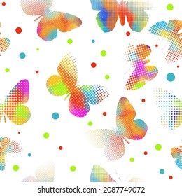 Colorful butterflies from dots. Light background. Seamless vector illustration
