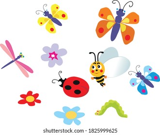 Colorful butterflies, dragonfly, ladybug, caterpillar and bee with flowers on a white background. Vector image.