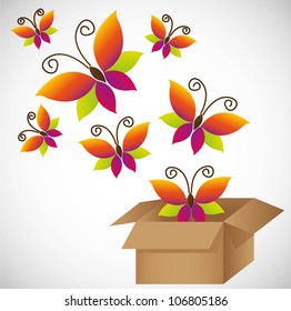 Colorful butterflies emerging from a cardboard box, vector illustration