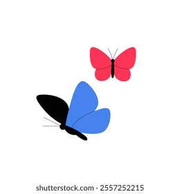 Colorful Butterflies In Flight, Flat Vector Illustration Symbolizing Nature, Beauty, And Transformation, Isolated On White Background.