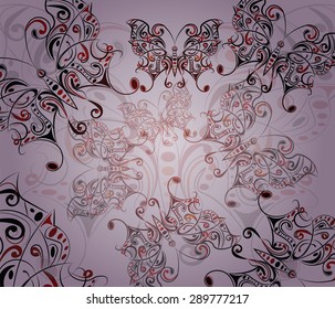 Colorful butterflies with floral ornaments and patterns. Vector background