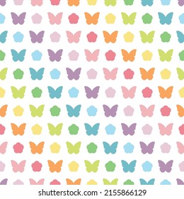 colorful butterflies and flower in diagonal line. rainbow and pastel color concept. seamless pattern. vector illustration.