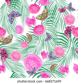 Colorful butterflies, flower elements, palm leaves, seamless vector pattern