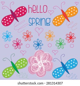 colorful butterflies with flowers and hearts and curls vector illustration