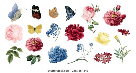 Colorful butterflies and flowers, including roses and peonies, arranged on a white background. Vibrant butterflies and flowers create a lively, natural scene. Spring flower illustrations, vector set.