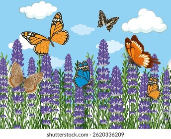 Borboletas coloridas flutuam acima de flores vibrantes de lavanda sob um céu azul brilhante com nuvens fofas