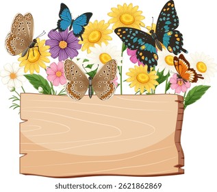 Borboletas coloridas flutuam sobre flores vibrantes e um signo de madeira. Arte vetorial brilhante e detalhada com um tema natural
