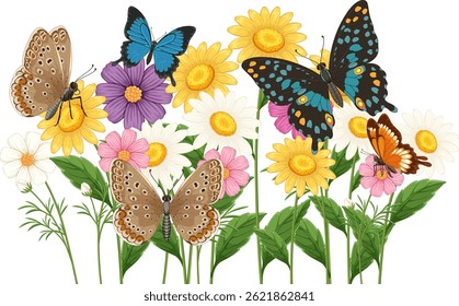 Borboletas coloridas flutuam entre flores florescentes, apresentando detalhes intrincados e cores vívidas em uma composição harmoniosa