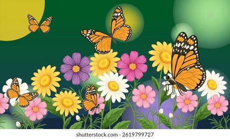 Borboletas coloridas flutuam entre margaridas brilhantes e montanhas-russas em um ambiente exuberante e verde. Ilustração de vetor vívido com elementos detalhados