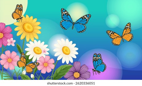 Borboletas coloridas flutuam entre flores brilhantes contra um fundo gradiente. Ilustração vetorial detalhada com matizes vívidos e gradientes suaves