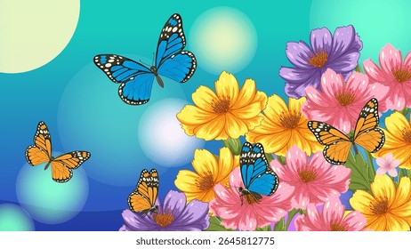 Borboletas coloridas vibram entre flores vivas com um fundo gradiente, apresentando técnicas detalhadas de ilustração vetorial