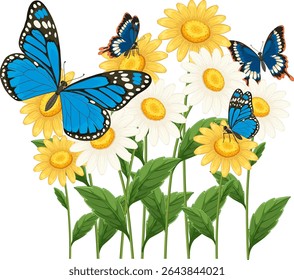 Colorful butterflies flutter around bright yellow and white daisies. Detailed vector art with vivid colors and natural composition