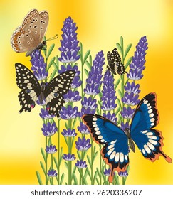Borboletas coloridas flutuam ao redor de flores de lavanda contra um fundo amarelo brilhante, apresentando técnicas detalhadas de ilustração vetorial