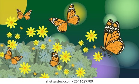 Colorful butterflies flutter around vivid yellow flowers against a lush green background in this detailed vector illustration