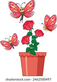 Colorful butterflies fluttering around potted roses