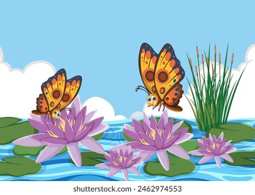 Colorful butterflies fluttering around purple water lilies