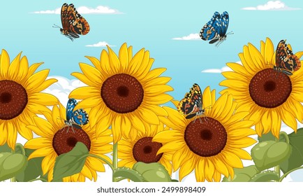 Colorful butterflies fluttering around vibrant sunflowers