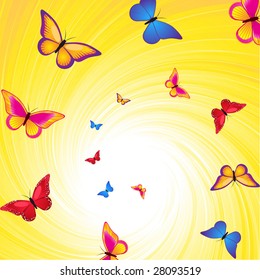 colorful butterflies flying out of a swirling yellow center