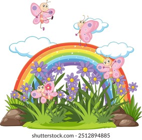 Colorful butterflies flying over flowers and rainbow