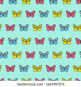 Colorful butterflies, hand drawn doodle drawing, seamless vector pattern design on soft blue background