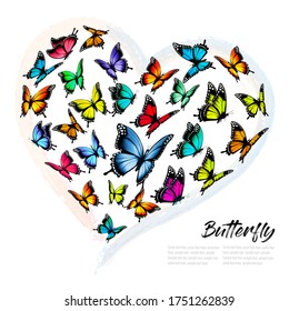 Colorful butterflies in a heart shape. Pattern for greeting or invitation to a wedding. Vector illustration