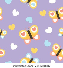 Colorful butterflies and hearts on color background. Pattern for