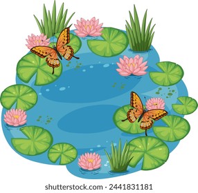 Colorful butterflies hovering over a tranquil pond