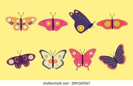 colorful butterflies icon set on yellow background