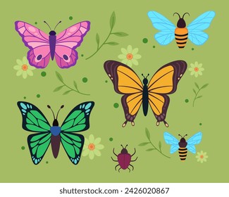 Colorful butterflies and insects vector illustration isolated on green grassy background. Bug, bees, flowers and leaves. Summer, nature concept