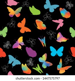 Colorful butterflies on a black background. Seamless pattern with butterflies. Vector illustration
