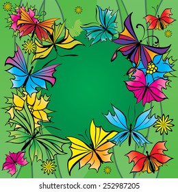 colorful butterflies on green background blank center