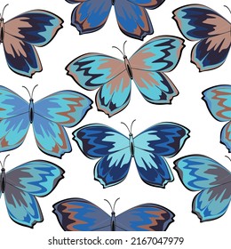 Colorful butterflies on white background. Carnival butterfly, festive seamless pattern. 