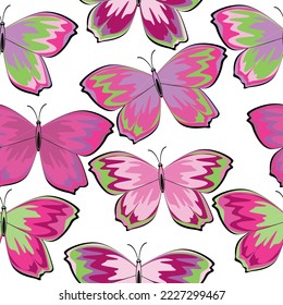 Colorful butterflies on white background. Fashionable tones. Textiles, wallpaper, wrapping paper