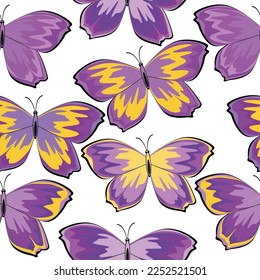 Colorful butterflies on white background. Fashionable tones. Textiles, wallpaper, wrapping paper