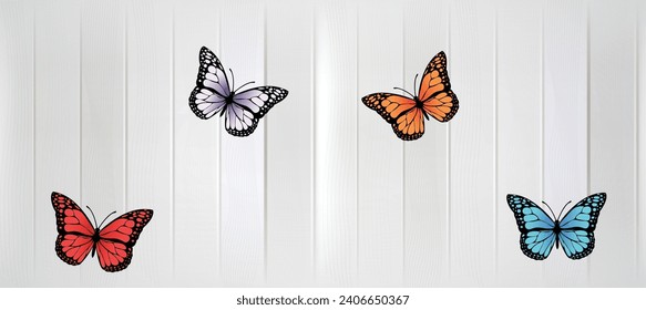 colorful butterflies on white wooden texture vector background