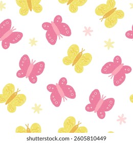 Colorful butterflies painted with crayons, seamless pattern