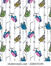 Colorful Butterflies Pattern on Tree Trunk for textile print fashion design fabric drawing