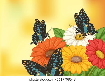 Colorful butterflies perched on bright flowers against a warm, glowing background. Detailed vector illustration with vivid colors and soft lighting