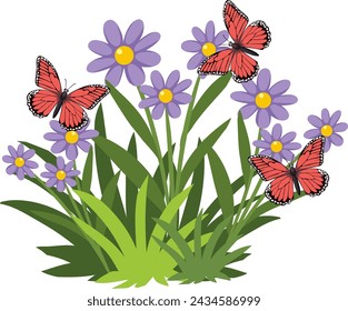 Colorful butterflies perched on vibrant purple flowers