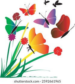 Colorful butterflies, plants, bees and flowers 