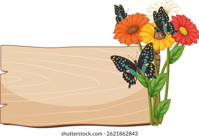 Colorful butterflies rest on vibrant flowers beside a wooden sign. Bright, detailed vector illustration with natural elements
