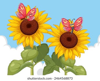 Colorful butterflies resting on vibrant sunflowers