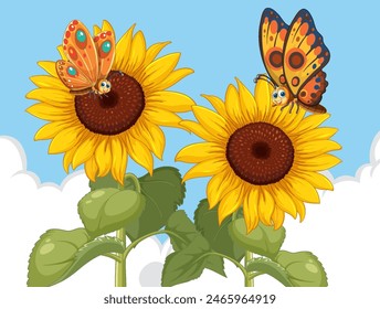 Colorful butterflies resting on vibrant sunflowers