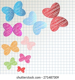 colorful butterflies scribbles on checkered pattern background