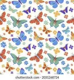 Colorful butterflies seamless pattern vector illustration set. Meadow insects texture design. Romantic monarch background. Tropical exotic wildlife wrapping.