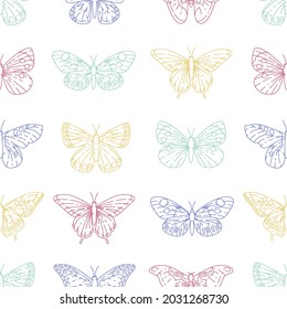 Colorful butterflies seamless pattern vector illustration set. Meadow insects texture design. Romantic monarch background. Tropical exotic wildlife wrapping.