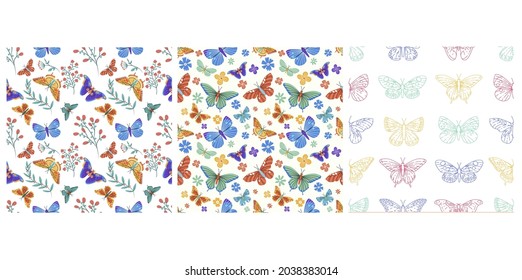 Colorful butterflies seamless pattern vector illustration set. Meadow insects texture design. Romantic monarch background. Tropical exotic wildlife wrapping.